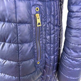 Guess Womens Navy Puffer Coat Faux Fur Hood Quilted Design Knee-Length Sz L