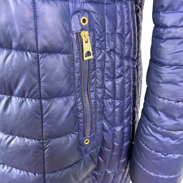 Guess Womens Navy Puffer Coat Faux Fur Hood Quilted Design Knee-Length Sz L