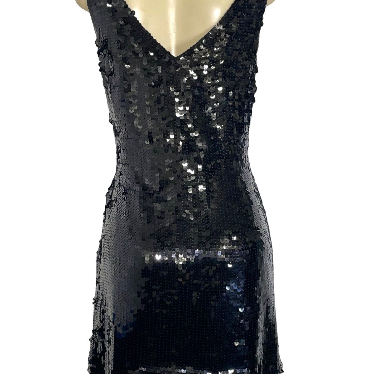 Banana Republic Black Sequin Sleeveless Dress 12P Petite Scoop Neck Front & V-Ba