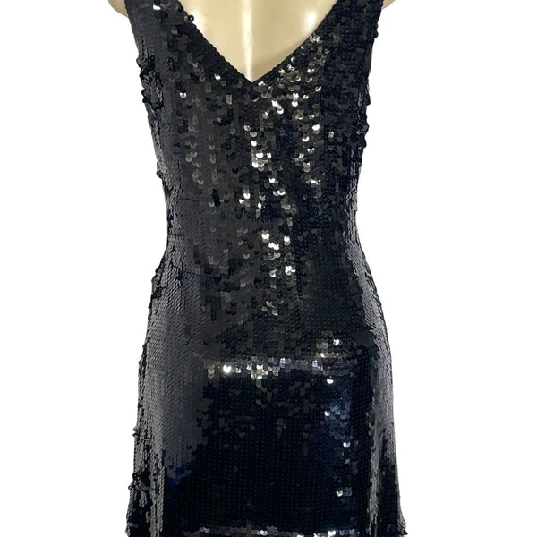 Banana Republic Black Sequin Sleeveless Dress 12P Petite Scoop Neck Front & V-Ba