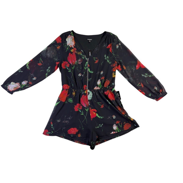 Express Womens Black Polyester Floral Long Sleeve Romper Machine Washable Size L