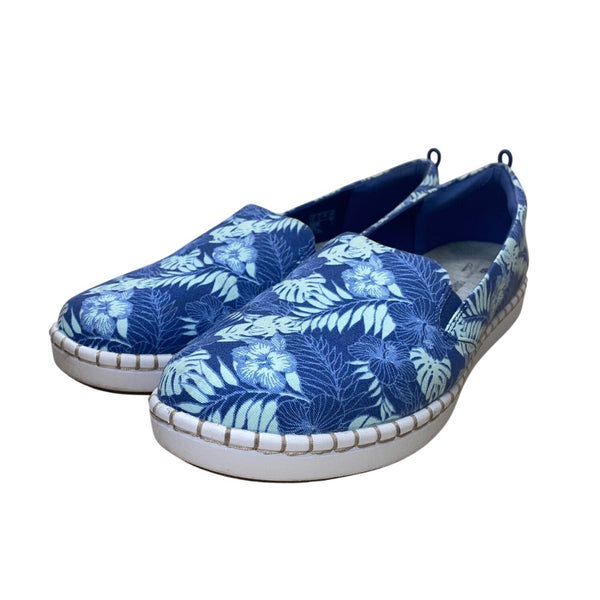 Clarks Women’s Blue Floral Cushion Soft Cloudsteppers Slip-On Shoes Size 11 Wide