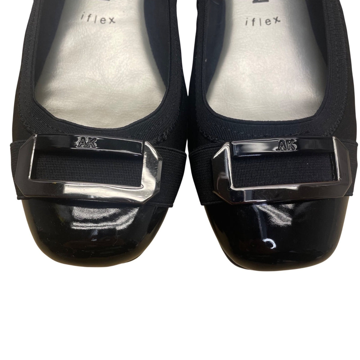 Anne Klein Women’s Black Fabric Patent Cap Toe Buckle Detail Iflex Flats Size 7M