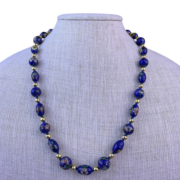 Chinese Cloisonné Womens Blue Bead Necklace Floral Motifs With Gold Spacers