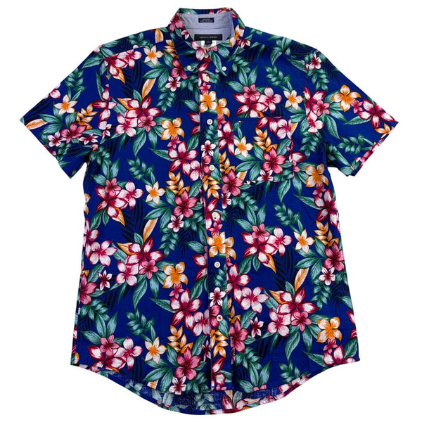 Tommy Hilfiger Mens Blue Linen & Cotton Hawaiian Floral Button-Up Shirt Size M