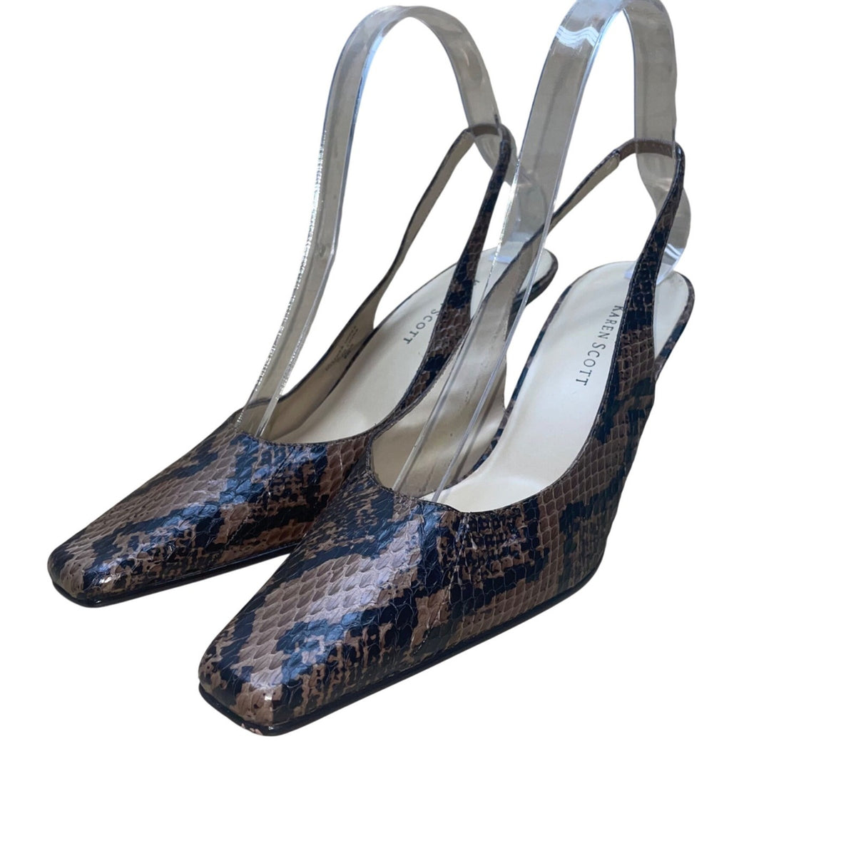 Karen Scott Women’s Brown & Black Leather Snake Print Square toe Pumps Size 8M