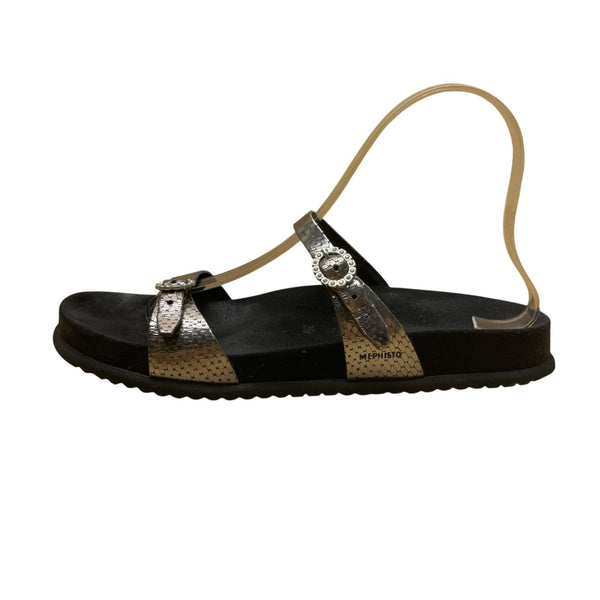 Mephisto Women’s Metallic Black With Rhinestone Buckles Strappped Sandals Sz 9