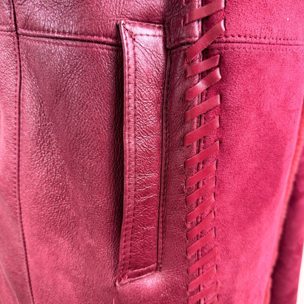 Oscar De La Renta Womens Red Shearling & Leather Long Coat Button Detail Size 8