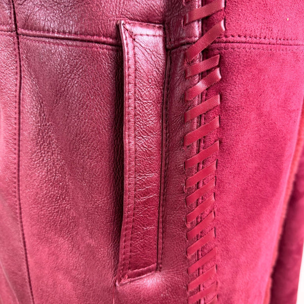 Oscar De La Renta Womens Red Shearling & Leather Long Coat Button Detail Size 8