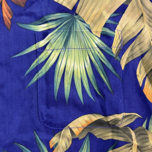 Tommy Bahama Mens Navy Hawaiian Button-Down Shirt Palm Leaf Pattern Size L