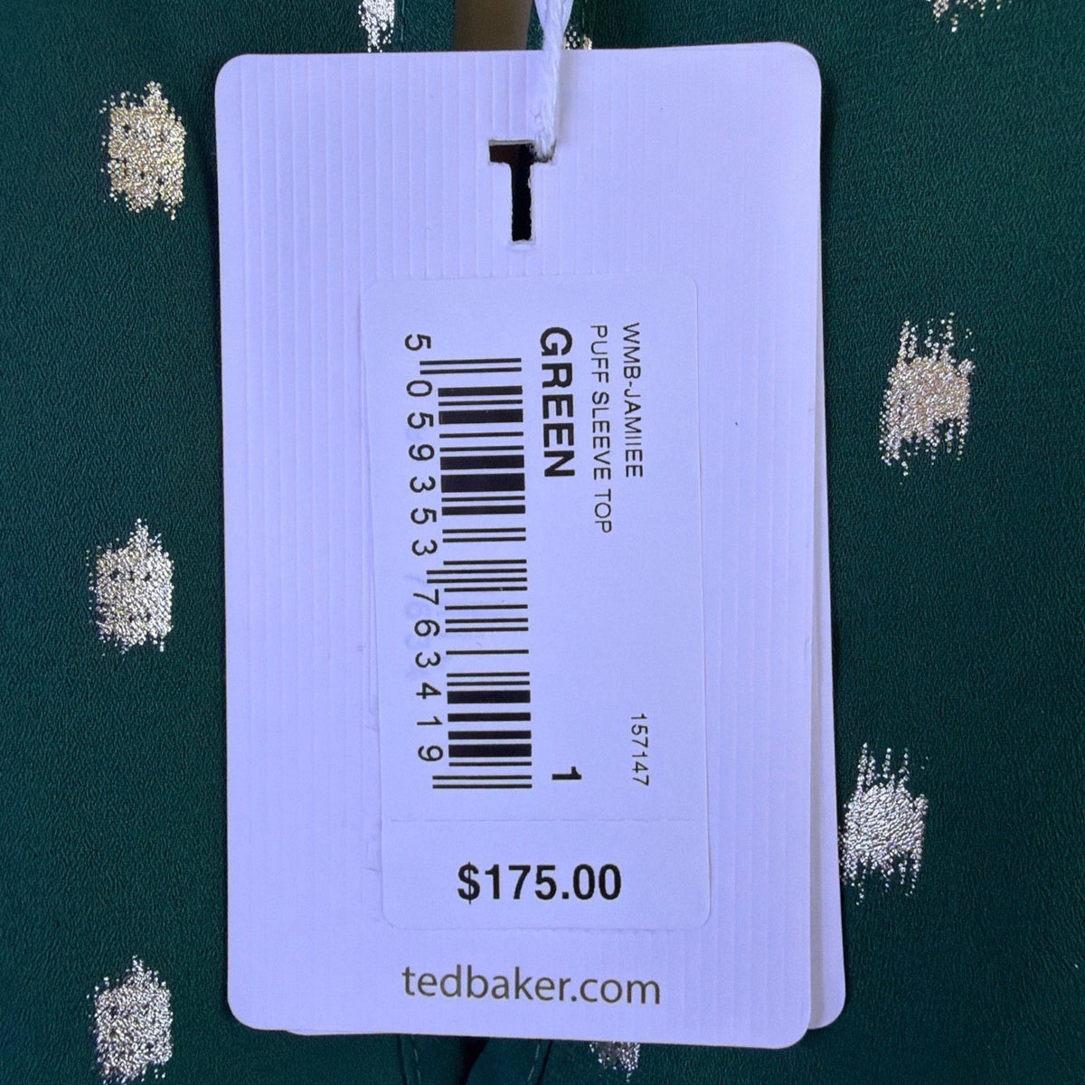 Ted Baker Womens Green Puff Sleeve Top Metallic Polka Dot Accent Size 1