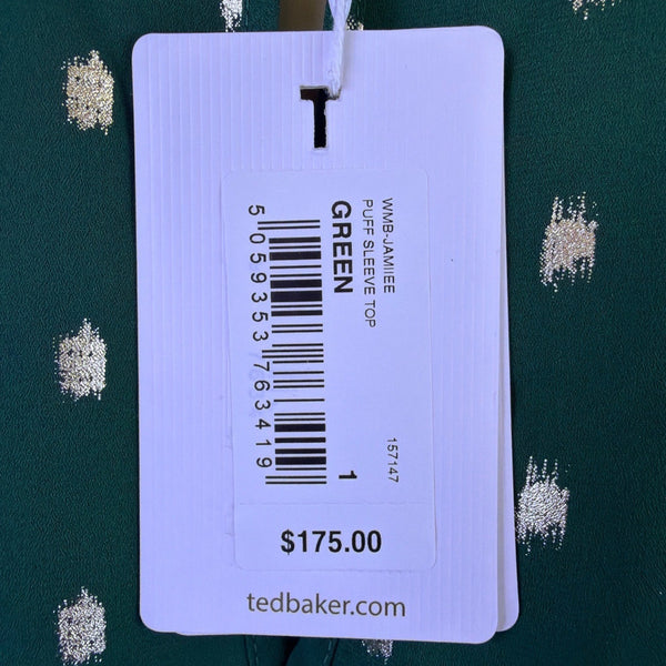 Ted Baker Womens Green Puff Sleeve Top Metallic Polka Dot Accent Size 1