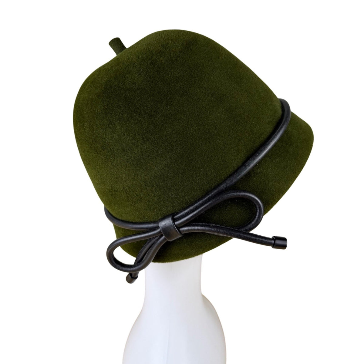 Womens Green Wool Cloche Hat With Black Leather Bow Accent