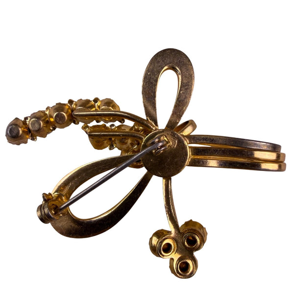 Vintage 1940 Gold Tone Bow Brooch Modernist Design With Rhinestones & Red Stones