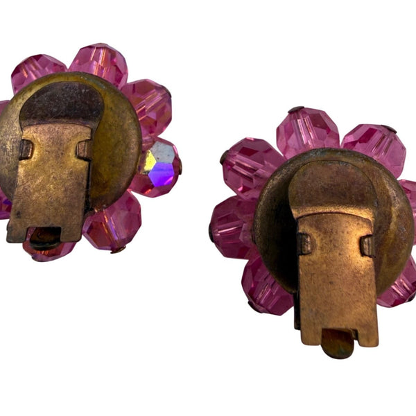 Vendome Womens Pink Crystal Rhinestone Clip-On Floral Earrings Gold Tone Vintage