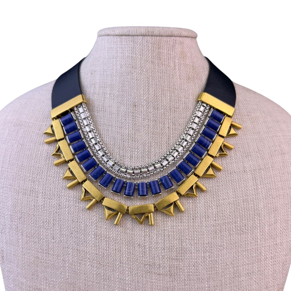 Stella & Dot Womens Black & Blue Leather Necklace "Natalie" Gold-Tone Accents