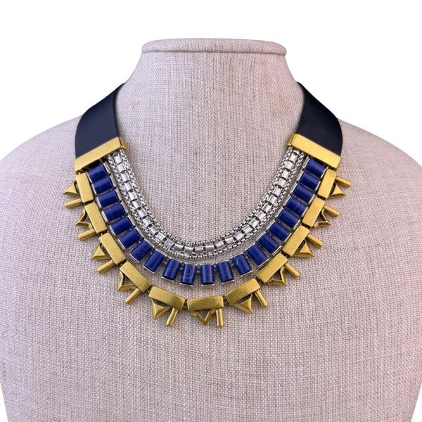 Stella & Dot Womens Black & Blue Leather Necklace "Natalie" Gold-Tone Accents
