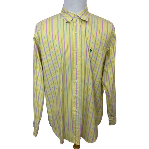 Ralph Lauren Men's Yellow With Pink Stripes Long sleeve Button Up Shirt Sz -XL