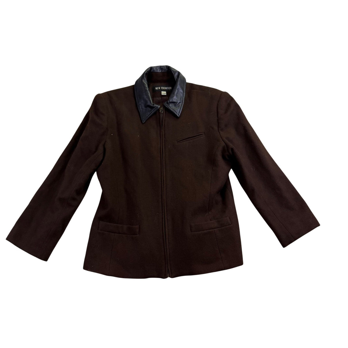 New Frontier Women’s Brown Wool Jacket Leather Trim Zip Front Vintage Size L 