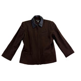 New Frontier Women’s Brown Wool Jacket Leather Trim Zip Front Vintage Size L 