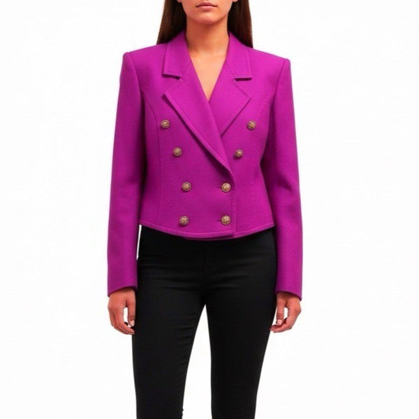 Vintage Guy Laroche Womens Magenta Wool Cropped Double-Breasted Blazer Size 40