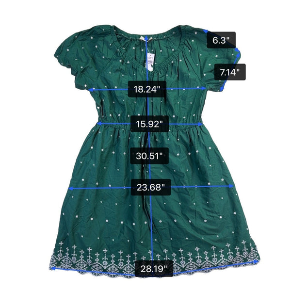 Loft Womens Green Cotton Short-Sleeve Embroidered Dress W/ Waist Tie Size L