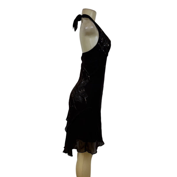 BCBGMAXAZRIA Brown Mahogany Halter Embellished Cocktail Dress Evening Wear Sz 4
