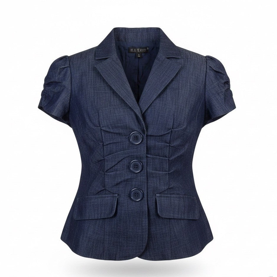 LVLX Womens Navy Blue Cotton Blazer Short Sleeve Fitted Button-Up Jacket Size S