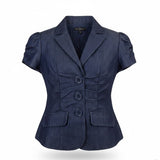 LVLX Womens Navy Blue Cotton Blazer Short Sleeve Fitted Button-Up Jacket Size S