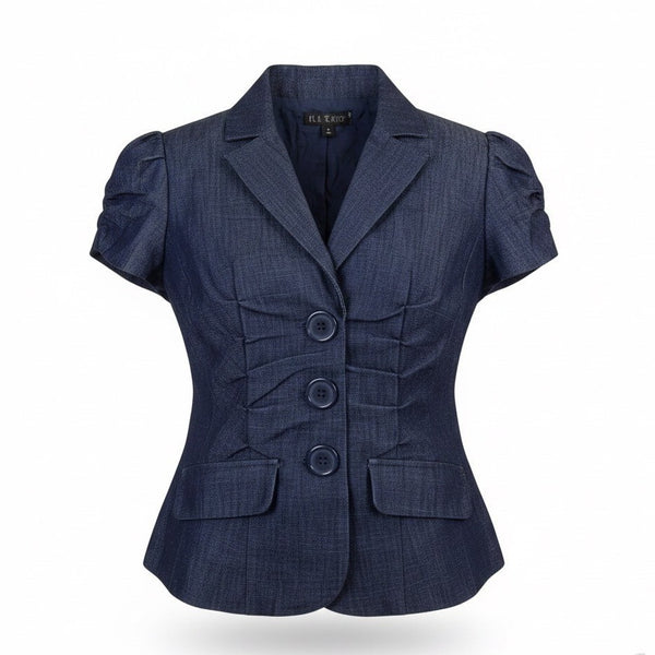 LVLX Womens Navy Blue Cotton Blazer Short Sleeve Fitted Button-Up Jacket Size S