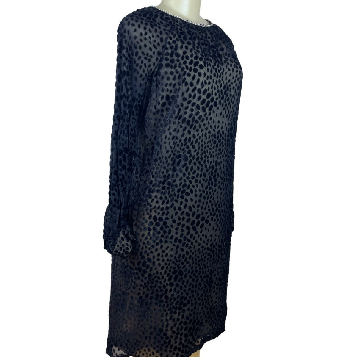 Vintage Mort Schrader Long Sleeve Black Polka Dot Dress With Rhinestone Neckline