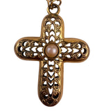 1928 Womens Gold Tone Faux Pearl Cross Pendant Necklace Vintage Jewelry