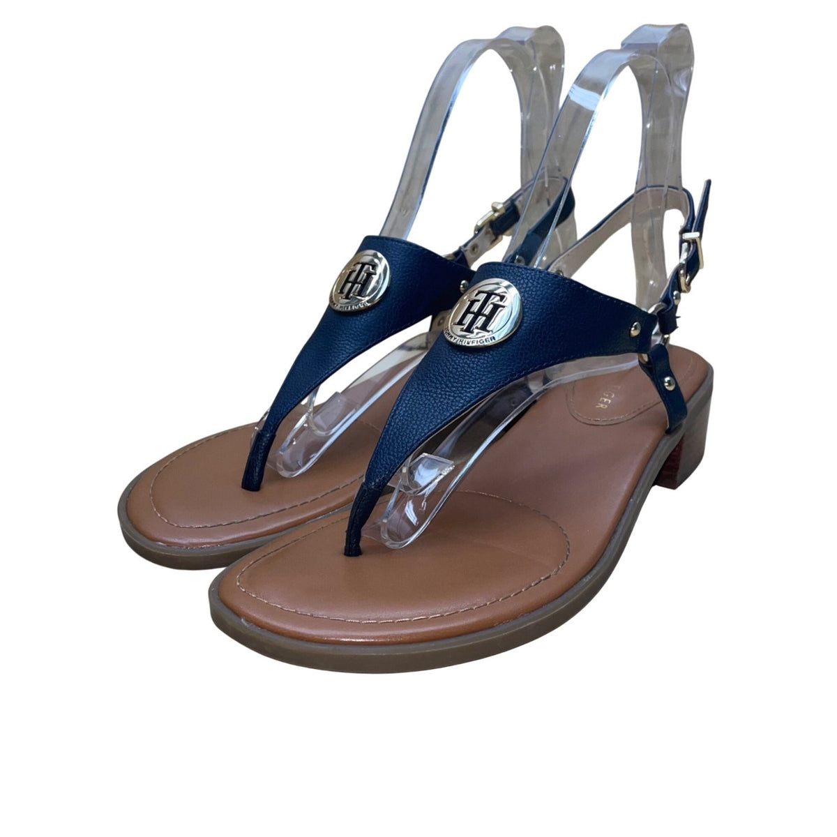 Tommy Hilfiger Women’s Navy Blue Golden Logo Detail Block Heel Sandals Size 9.5