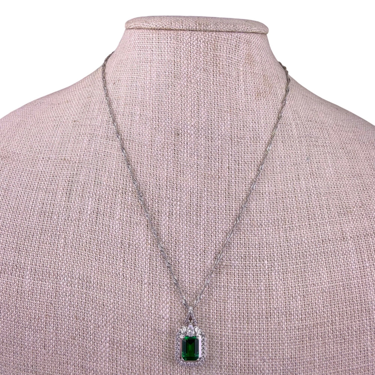 Silver Tone Womens Green Gemstone Pendant Necklace Elegant Chain Contemporary