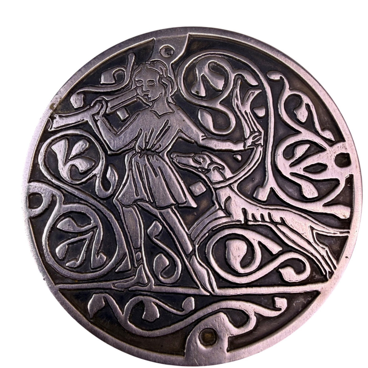 Mma Sterling Silver Round Pin/Pendant Vintage Boy & Dog Art Nouveau Engraving