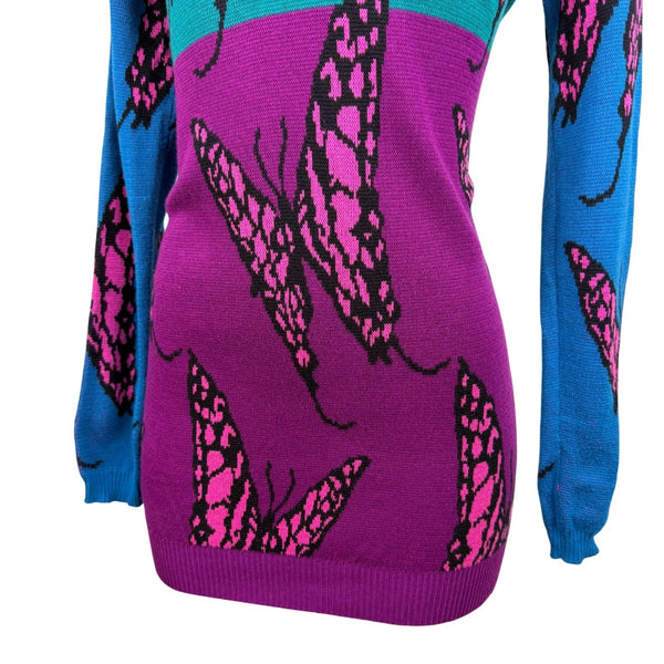 Betsey Johnson Womens Multicolor Butterfly Print V-Neck Sweater Dress Sz M