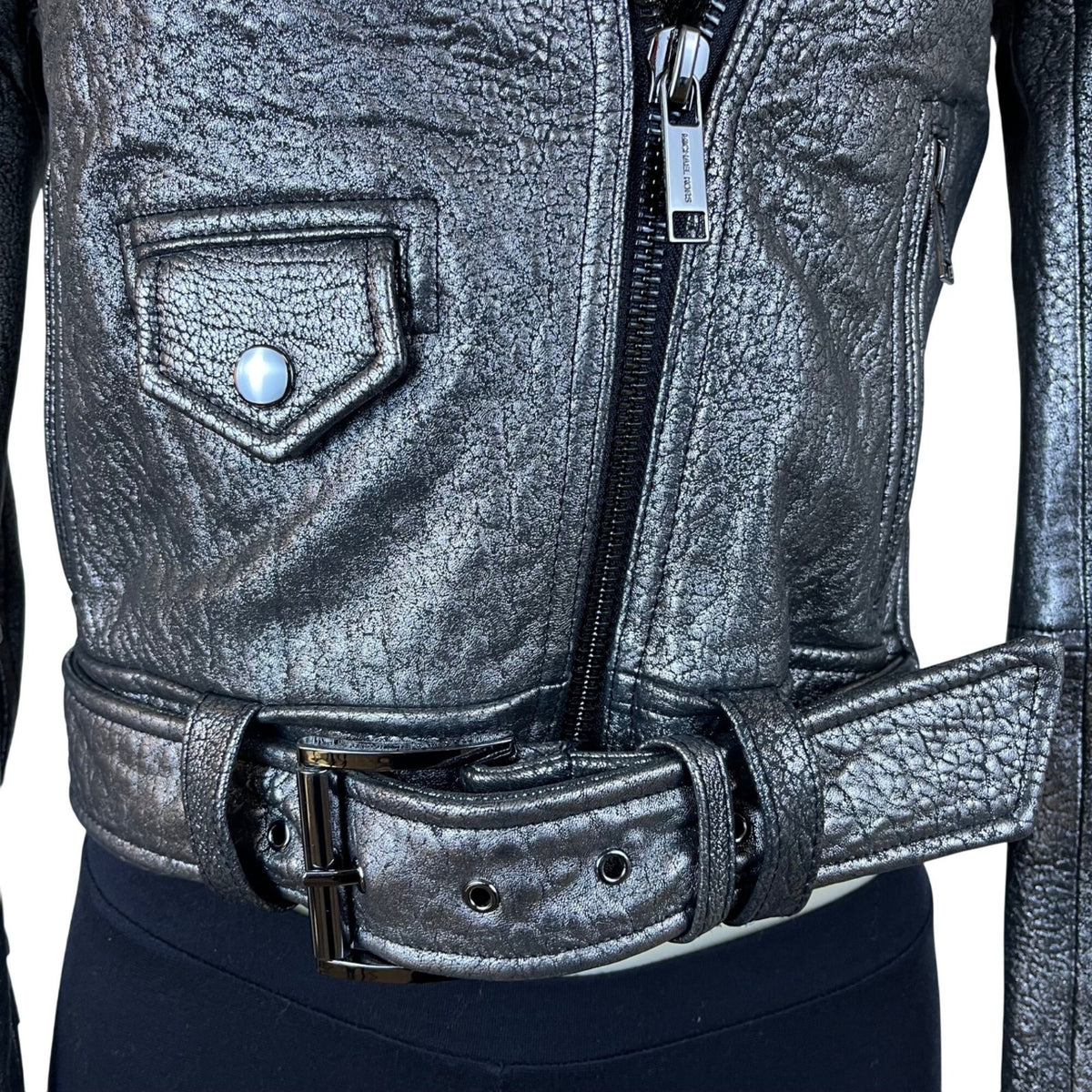 Michael Kors Silver Leather Moto Jacket Belted Zippers Stylish Modern Sz XXS