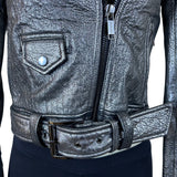 Michael Kors Silver Leather Moto Jacket Belted Zippers Stylish Modern Sz XXS