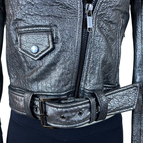 Michael Kors Silver Leather Moto Jacket Belted Zippers Stylish Modern Sz XXS