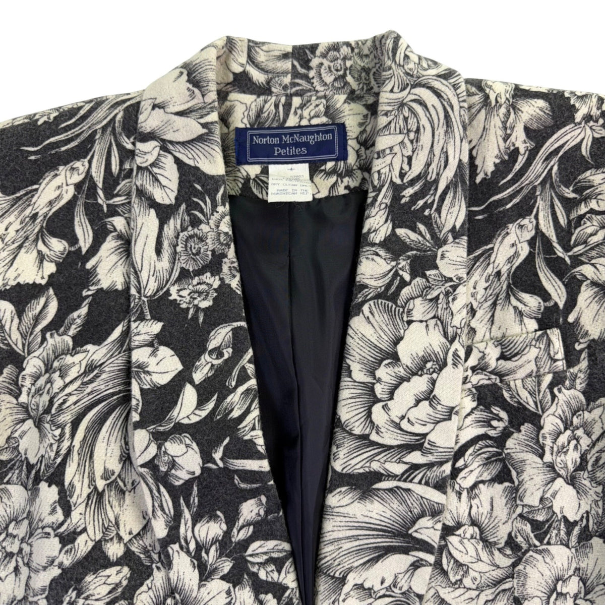 Norton McNaughton Womens Black/White Wool Blend Floral Print Blazer Jacket Sz 4