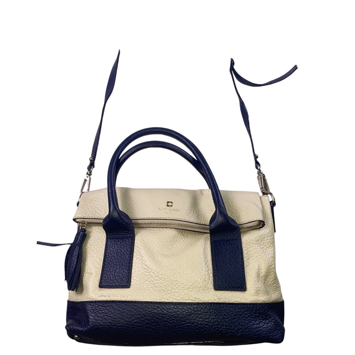 Kate Spade Women’s Ivory & Navy Leather Tassel Zipper Closure Tote Bag