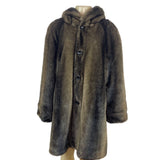 Vintage Brown Faux Fur Coat With Hood & Button Closure