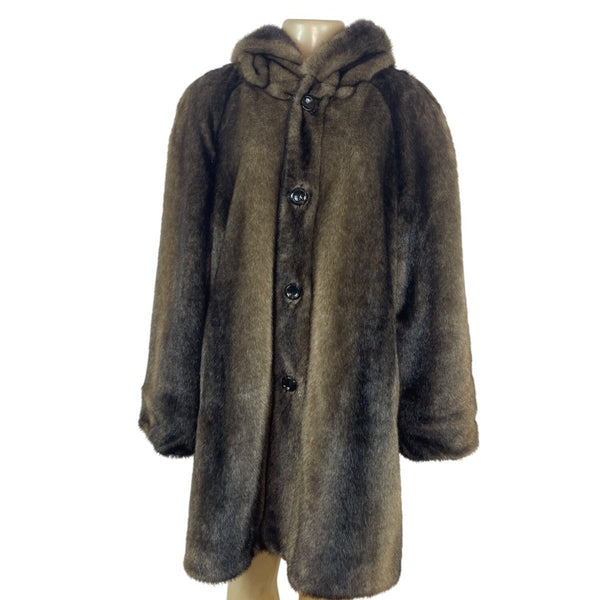 Vintage Brown Faux Fur Coat With Hood & Button Closure