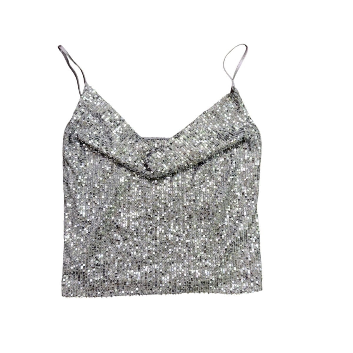 Zara Womens Silver Sequins Spaghetti-Strap Crop Top Size S