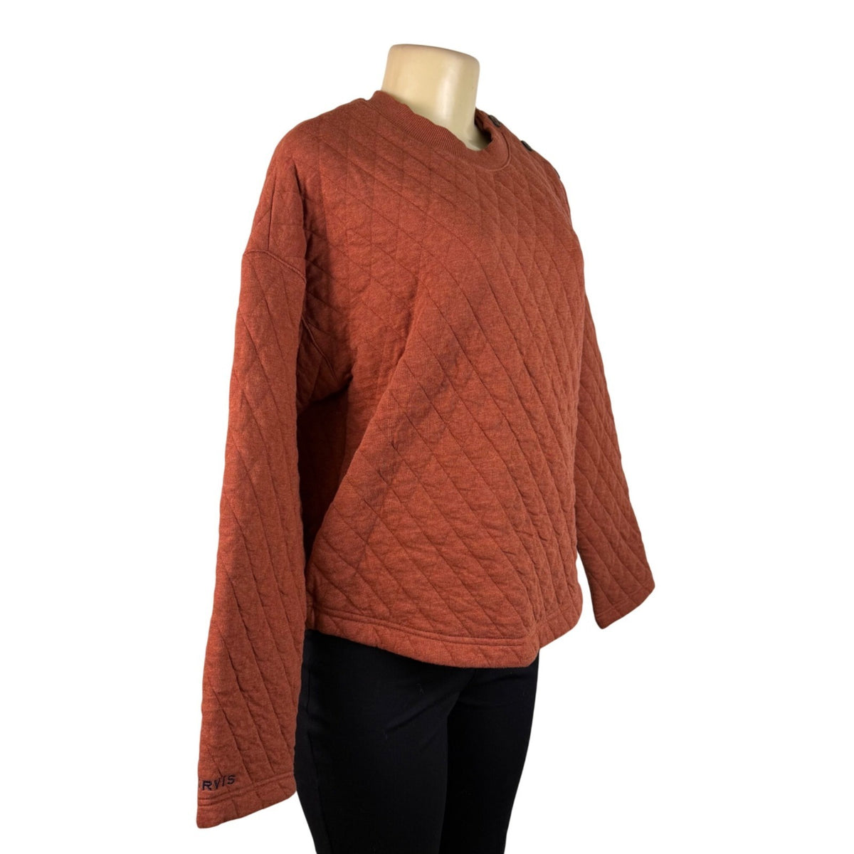 Orvis Womens Rust Quilted Crew Neck Pullover Sweatshirt W/ Button Detail Sz S