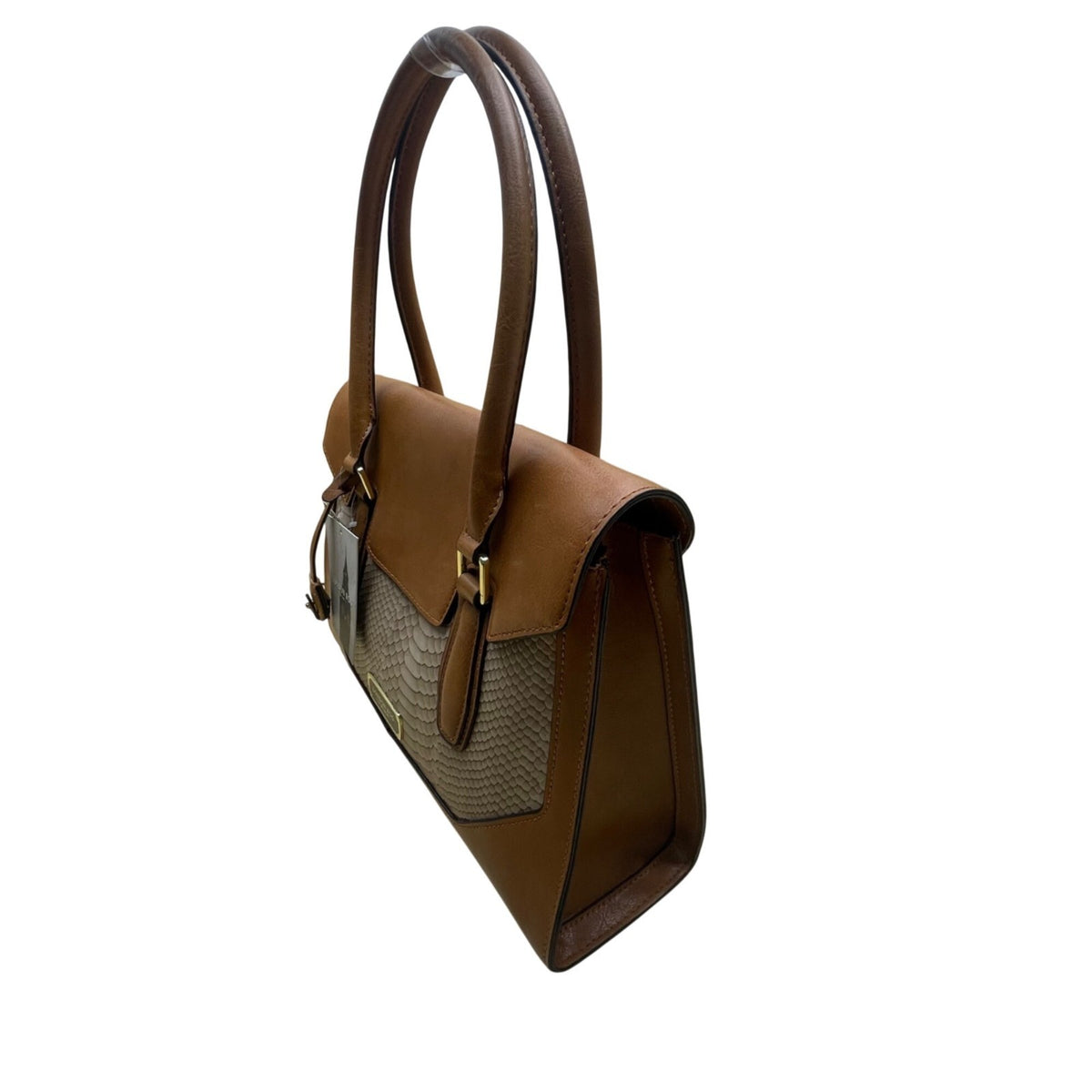 London Fog Women’s Brown Faux Leather Taupe Snake Print Tote Bag - New