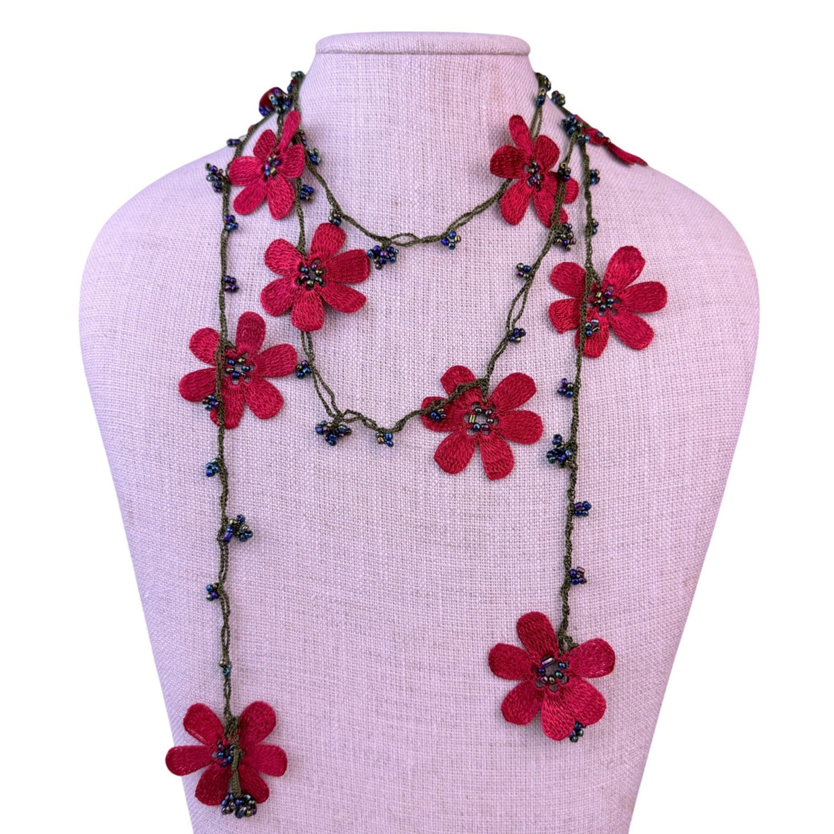Handmade Womens Red Crochet Floral Necklace With Beads