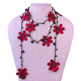 Handmade Womens Red Crochet Floral Necklace With Beads