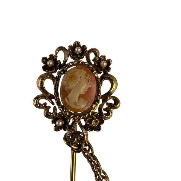 Vintage Gold Tone Floral Cameo Stick Pin W/Chain Ornate Design Various Metal