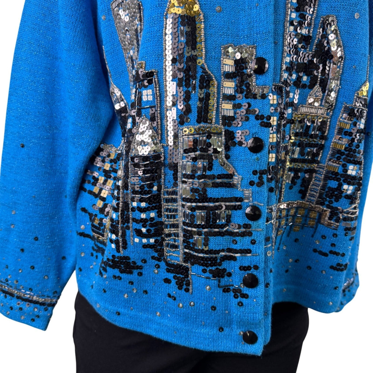 Design Options Womens Blue Button-Up Sequin Cardigan Skyline Embellished Sz L